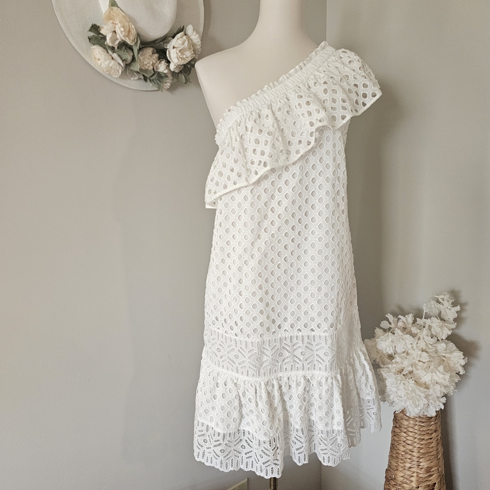 Tory Burch White Emmbroidered Eyelet Motifs Off Shoulder Ruffles Mini Dress